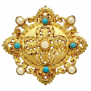 Gold Plated Ornate Faux Turquoise Faux Pearl Brooch circa 1980s